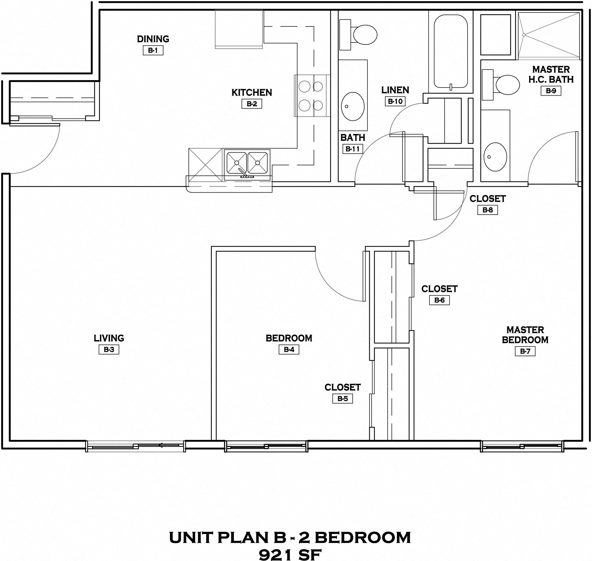 Floor plan for 2 beds, 2 baths, 919 sqft